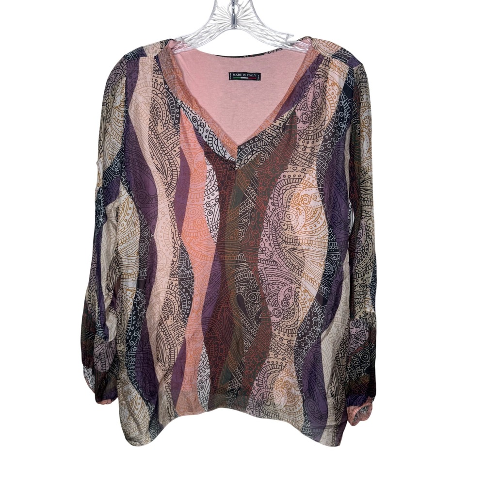 Made in Italy Silk Blend Paisley Stripe V Neck Long Sleeve Top Blouse M